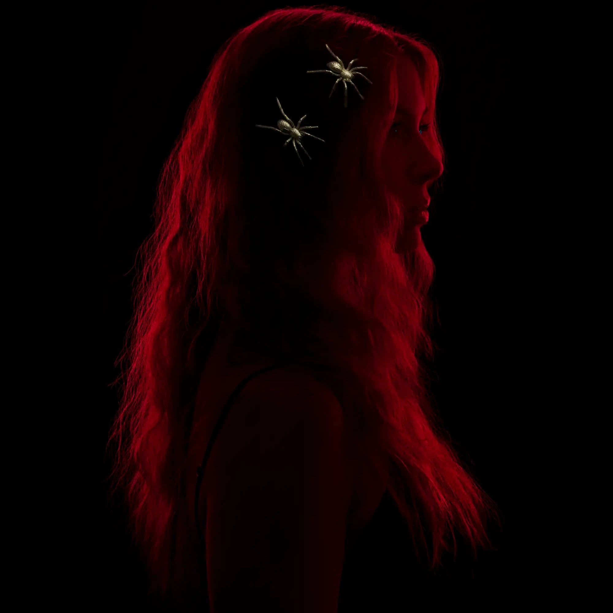Model wears a pair of gold wolf spider hair slides against a black background.